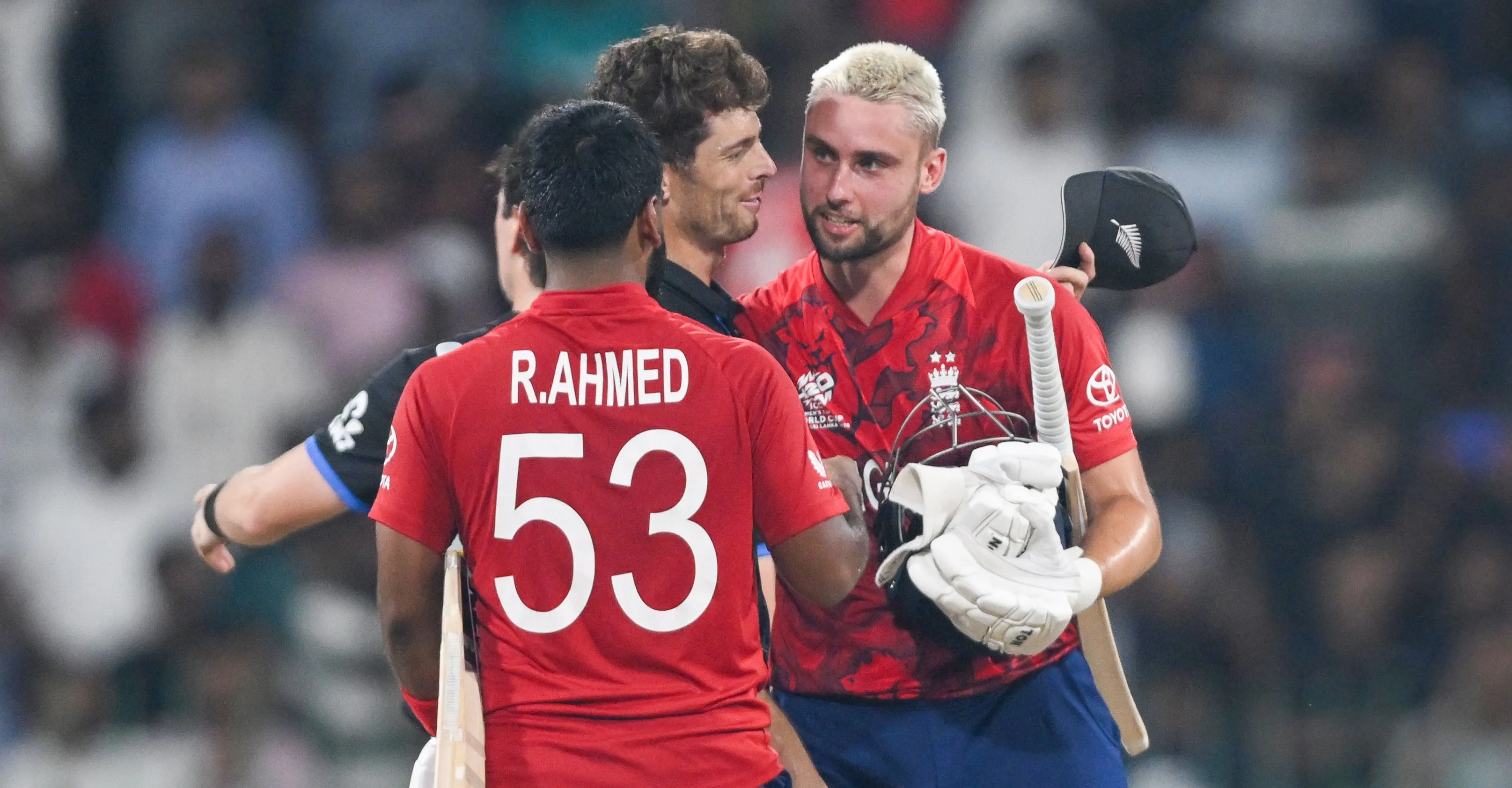 New Zealand captain Mitchell Santner greets England’s Will Jacks and Rehan Ahmed New Zealand captain Mitchell Santner greets England’s Will Jacks and Rehan Ahmed