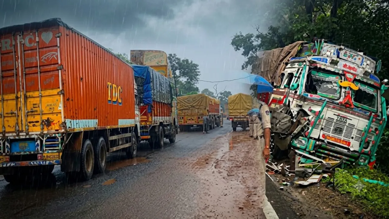दमोह-जबलपुर स्टेट हाईवे पर जर्जर सड़क बनी हादसे की वजह; टाइगर रिजर्व क्षेत्र में दो ट्रकों की भिड़ंत से 7 घंटे ठप रहा यातायात