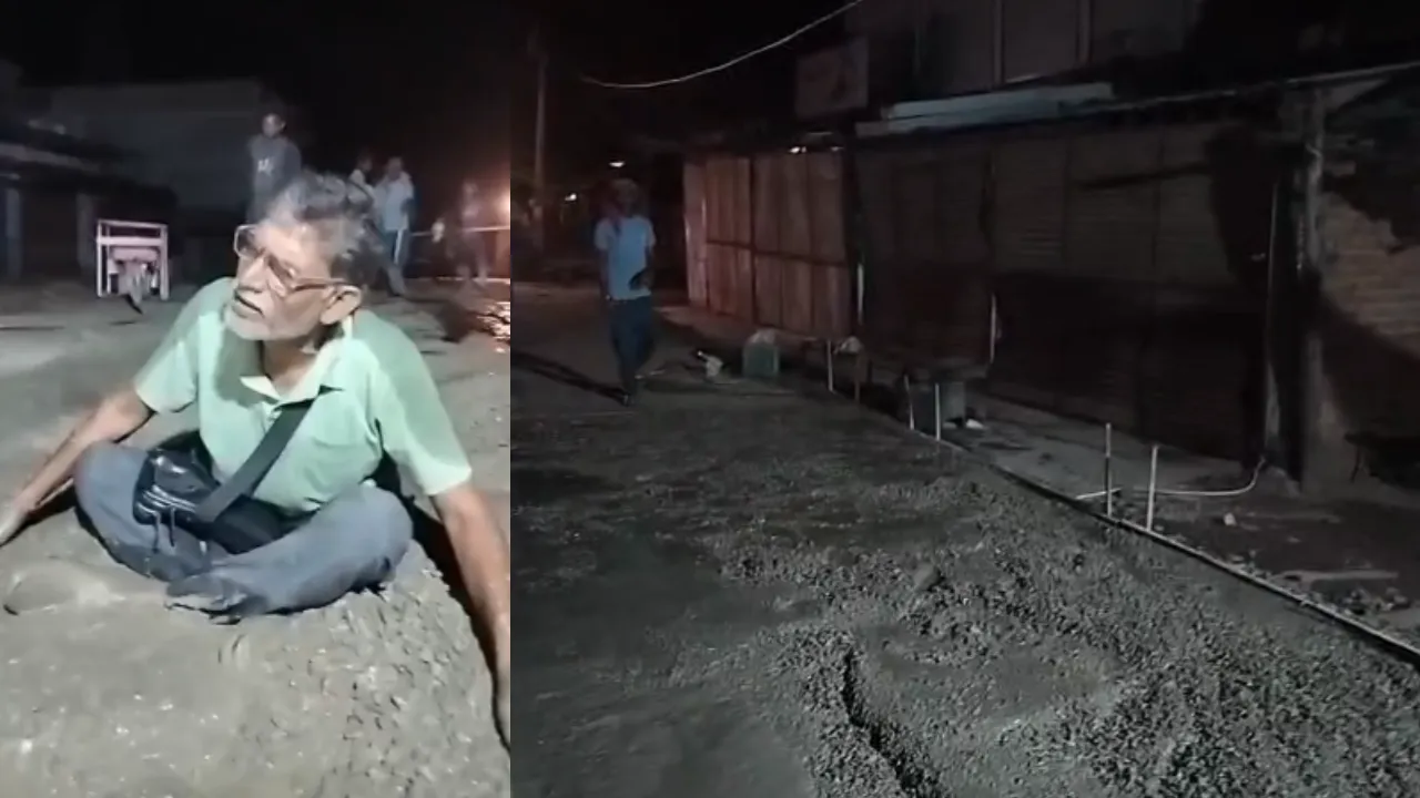 घटिया सीसी सड़क निर्माण के खिलाफ गीले कंक्रीट पर लेट गए, गुणवत्ता और चौड़ाई की अनदेखी पर स्थानीय लोगों में भी आक्रोश