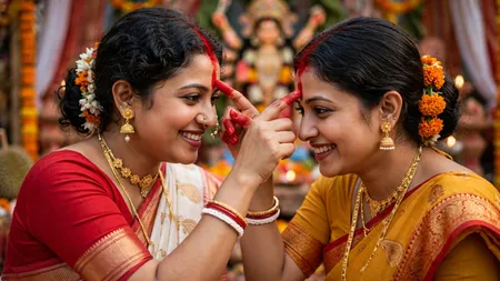 सिंदूर खेला : सुहागिन महिलाओं की खास रस्म, देवी के चेहरे पर पान के पत्ते को स्पर्श कराकर पोंछती हैं आंसू
